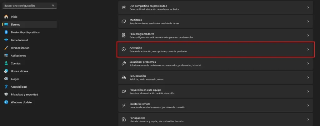 Sección de activación en Configuración de Windows