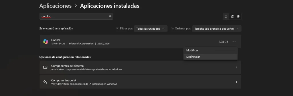 Desinstalar Copilot desde Aplicaciones instaladas en Windows 11