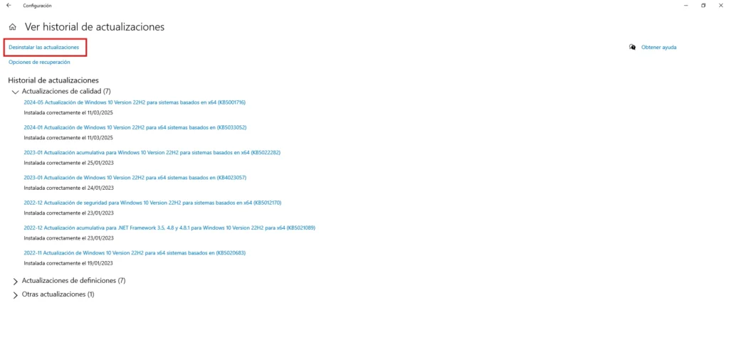 Quitar actualizaciones de Windows 10 por medio de Configuración