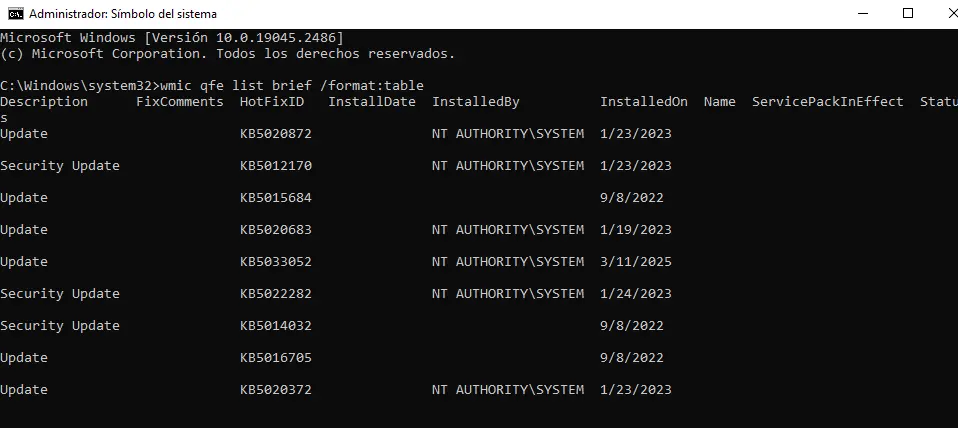 Ventana del cmd para ver las actualizaciones y poder desinstalar actualizaciones de windows 10
