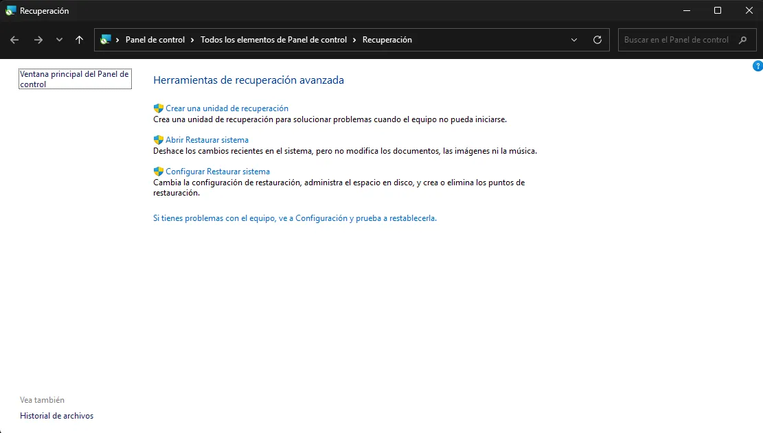 Reparar windows con Restaurar sistema