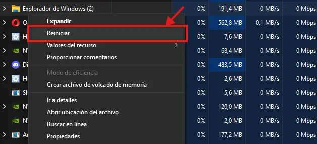 Reiniciar el explorador de archivos si da problemas