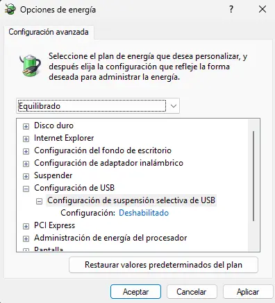 Windows no reconoce mi USB por configuración en la Energía