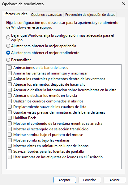Ajusta los efectos visuales Windows 11