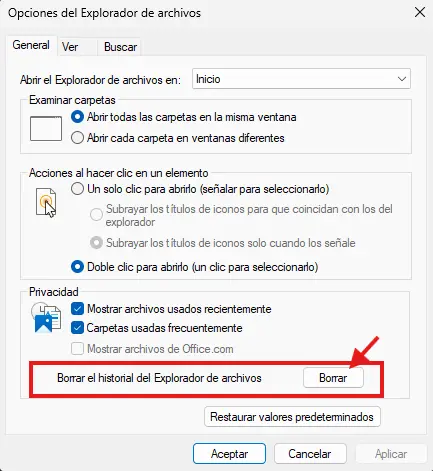 Borrar historial del Explorador de archivos