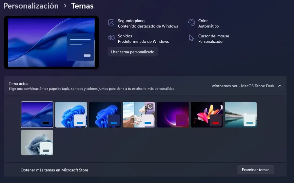 Ejemplo de cómo se aplica un tema en windows 11