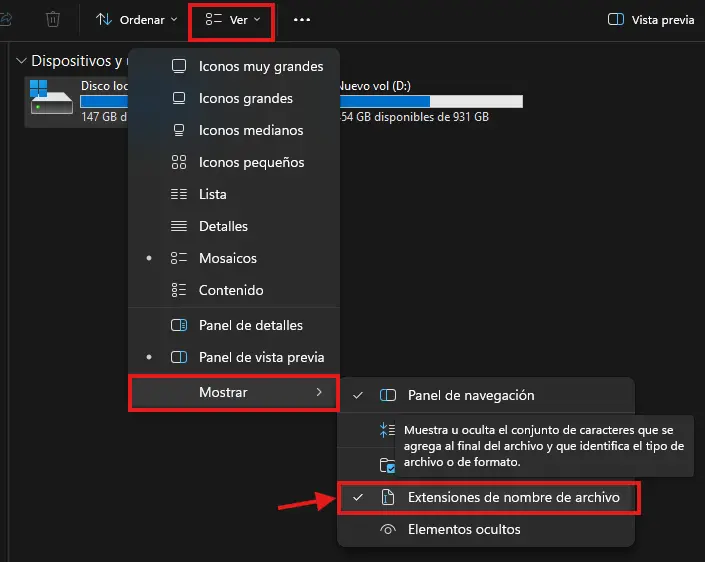 Ayuda para mostrar extensiones de archivos en el explorador de archivos