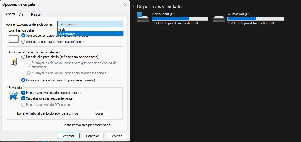 Cambiar de Inicio a Este Equipo en el explorador de archivos